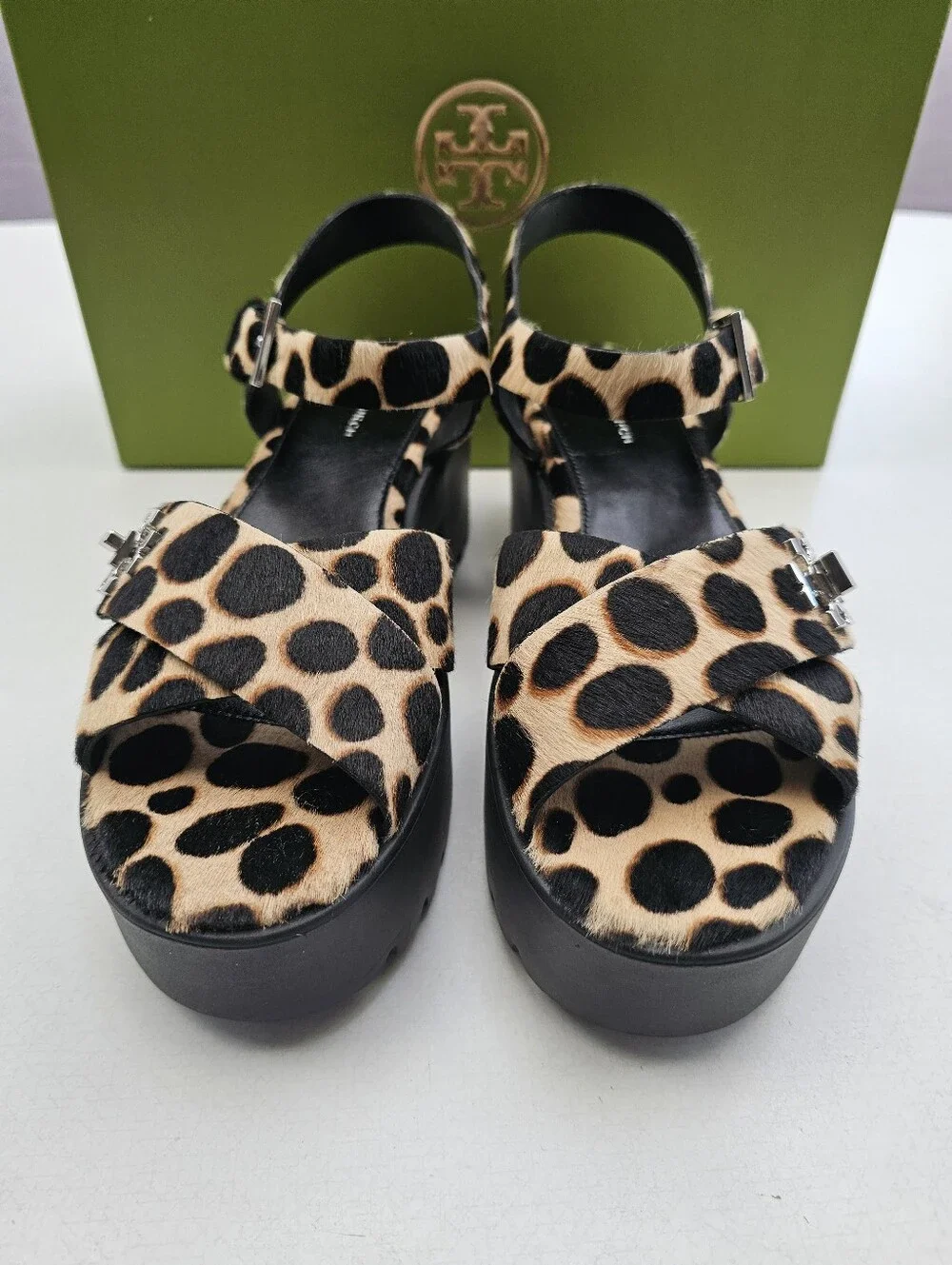 Tory Burch Turnlock Calf Hair Lug Heel Platform Sandals